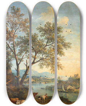 Triptych art skateboard deck of Giovanni Battista Cimaroli A River Landscape With A Herdsman In The Foreground And A Village Beyond by Giovanni Battista Cimaroli (1687-1771)