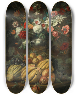 Triptych art skateboard deck of Abraham Brueghel Flowers In A Vase And Fruit On A Table by Abraham Brueghel (1631-1697)