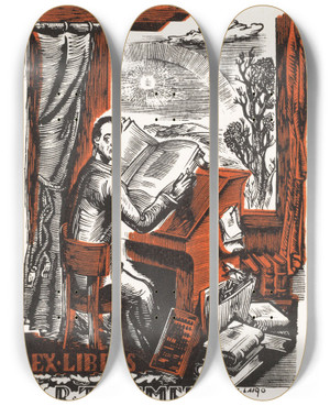 Triptych art skateboard deck of Arkadio Laigo Ex Libris Van R Tammelo by Arkadio Laigo (1901-1944)