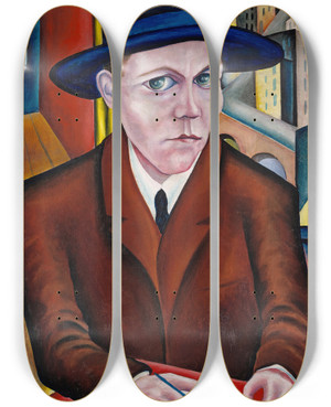 Triptych art skateboard deck of Georg Schrimpf Portrait Of Oskar Maria Graf by Georg Schrimpf (1889-1938)
