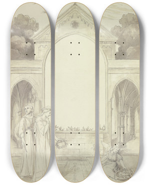 Triptych art skateboard deck of Wilhelm Steinhausen Irmela Eine Geschichte Aus Alter Zeit by Wilhelm Steinhausen (1846-1924)
