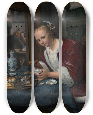 Triptych art skateboard deck of Jan Steen Girl Eating Oysters by Jan Steen (1626-1679)