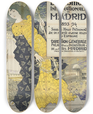 Triptych art skateboard deck of Eugne Grasset Exposition Internationale De Madrid by Eugene Grasset (1841-1917)
