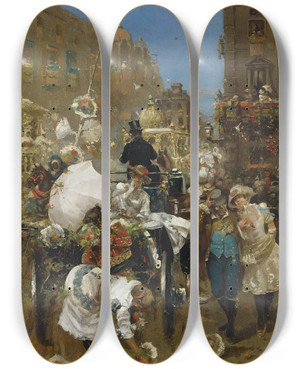 Triptych art skateboard deck of Daniel Hernndez Morillo Il Corso Mascherato Rome by Daniel Hernandez Morillo (1856-1932)