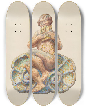 Triptych art skateboard deck of Katharine Merrill Circus Wagon Figure Pan by Katharine Merrill