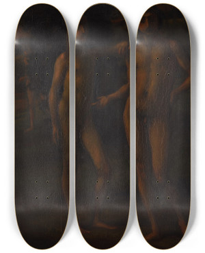 Triptych art skateboard deck of Hans Von Mares Youths In A Landscape Two Youths by Hans Von Marees (1837-1887)