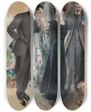 Triptych art skateboard deck of Howard Chandler Christy The Suitors by Howard Chandler Christy (1873-1952)