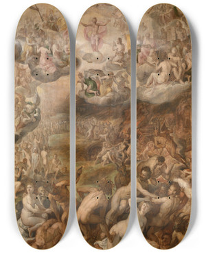 Triptych art skateboard deck of Crispijn Van Den Broeck The Last Judgement by Crispijn Van Den Broeck (1523-1591)