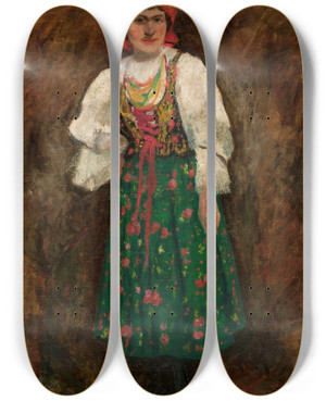 Triptych art skateboard deck of Tadeusz Makowski Woman In A Krakw Folk Costume by Tadeusz Makowski (1882-1932)