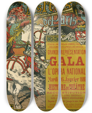 Triptych art skateboard deck of Eugne Grasset Ftes De Paris by Eugene Grasset (1841-1917)