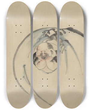 Triptych art skateboard deck of Katsushika Hokusai Hotei The God Of Good Fortune One Of The Seven Lucky Gods Facing Front With His Head Resting On His Hands by Katsushika Hokusai (1760-1849)