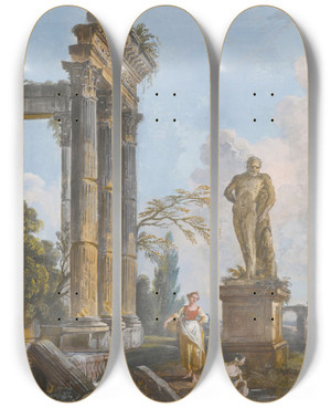 Triptych art skateboard deck of Jeanbaptiste Lallemand A View Of A Ruined Temple With Washerwomen by Jean-Baptiste Lallemand (1716-1805)