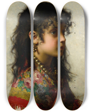 Triptych art skateboard deck of Alexei Harlamoff Girl With Brass Necklace by Alexei Harlamoff (1840-1925)