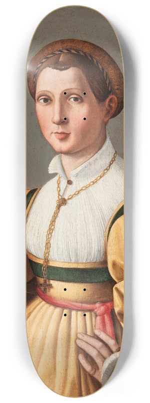 Ezechia da Vezzano - Portrait Of A Lady, Half-Length, In A Yellow Dress With Green Sleeves And A Book In An Interior, A Landscape Beyond 8.25 inch art skate deck