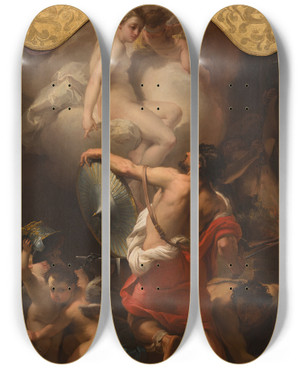 Triptych art skateboard deck of Gaetano Gandolfi Venus Ordering Armor For Aeneas At Vulcans Forge_2 by Gaetano Gandolfi (1734-1802)
