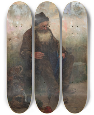 Triptych art skateboard deck of Frank C Penfold The Old Beggar by Frank C Penfold (1849-1921)