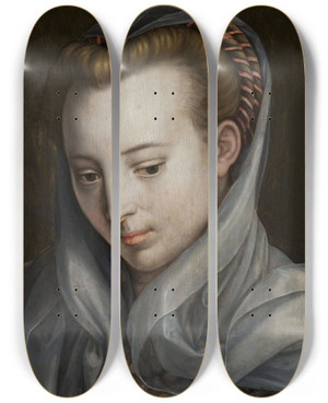 Triptych art skateboard deck of Bernaert De Rijckere Head Of A Woman Looking Down To The Right by Bernaert De Rijckere (1535-1590)