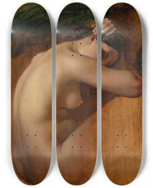 Triptych art skateboard deck of Henri Lehmann Study Of A Female Nude by Henri Lehmann (1814-1882)