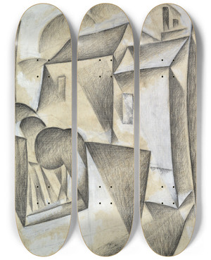 Triptych art skateboard deck of Juan Gris Houses In Paris Place Ravignan by Juan Gris (1887-1927)