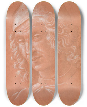 Triptych art skateboard deck of Circle Of Domenico Ghirlandaio Head Of A Man Wearing A Cap by Circle Of Domenico Ghirlandaio (1449-1494)