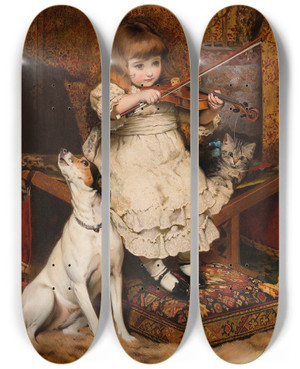 Triptych art skateboard deck of Charles Burton Barber The Little Violinist by Charles Burton Barber (1845-1894)