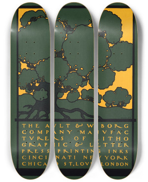 Triptych art skateboard deck of Will Bradley Ault And Wiborg Ad 128 by Will Bradley (1868-1962)