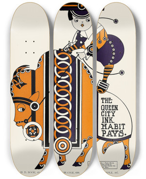 Triptych art skateboard deck of Augustus Jansson Queen City Ink Ad 29 by Augustus Jansson (1863-1931)