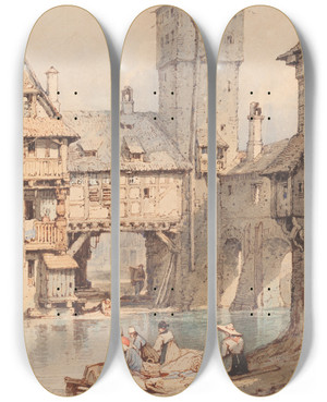 Triptych art skateboard deck of Samuel Prout Laundresses Before The Wasserturm Nuremberg by Samuel Prout (1783-1852)