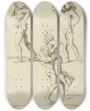 Triptych art skateboard deck of Peter Paul Rubens Four Male Figures Two Bearing Large Books On Their Shoulders And The Other Two Wrestling by Peter Paul Rubens (1577-1640)