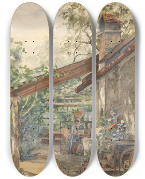 Triptych art skateboard deck of Hugo Charlemont Pflanzendepot by Hugo Charlemont (1850-1939)
