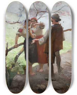 Triptych art skateboard deck of Wacaw Szymanowski Hutsuls In Conversation by Waclaw Szymanowski (1859-1930)
