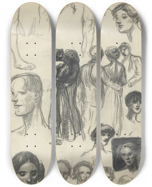 Triptych art skateboard deck of Thophile Alexandre Steinlen Sheet Of Sketches by Theophile Alexandre Steinlen (1859-1923)