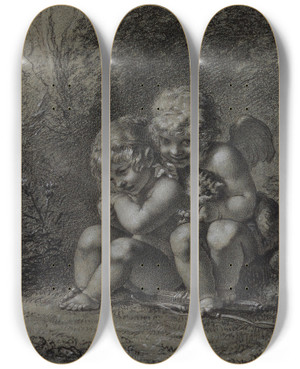 Triptych art skateboard deck of Pierrepaul Prudhon Le Coup De Patte Du Chat Ou Les Peines Que Lamour Nous Cause by Pierre-Paul Prud'hon (1758-1823)