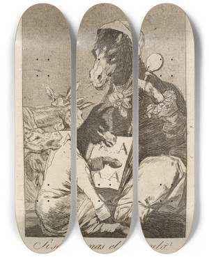 Triptych art skateboard deck of Francisco De Goya Si Sabr Mas El Discipulo Might Not The Pupil Know More by Francisco de Goya (1746-1828)