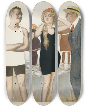 Triptych art skateboard deck of William Ely Hill What Are The Wild Wives Saying by William Ely Hill (1887-1962)