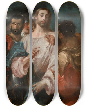 Triptych art skateboard deck of Giuseppe Bazzani The Tribute Money by Giuseppe Bazzani (1690-1769)