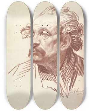 Triptych art skateboard deck of Jakob Matthias Schmutzer Head Of A Man With A Moustache Looking Left by Jakob Matthias Schmutzer (1733-1811)