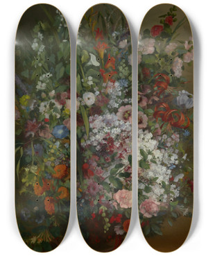 Triptych art skateboard deck of Gustave Courbet Bouquet Of Flowers In A Vase by Gustave Courbet (1819-1877)