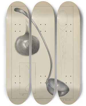 Triptych art skateboard deck of Eugene Barrell Silver Gravy Ladle by Eugene Barrell