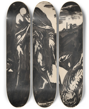 Triptych art skateboard deck of Jn Novk Beggar_2 by Jan Novak (1921-1944)