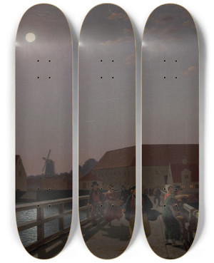 Triptych art skateboard deck of Christoffer Wilhelm Eckersberg Langebro Copenhagen In The Moonlight With Running Figures by Christoffer Wilhelm Eckersberg (1783-1853)