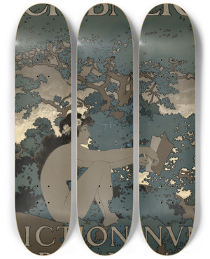 Triptych art skateboard deck of Maxfield Parrish Scribners Fiction Number August by Maxfield Parrish (1870-1966)