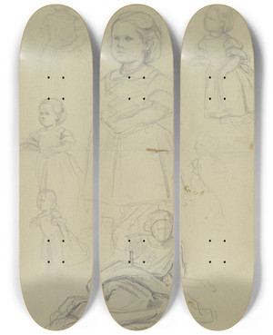 Triptych art skateboard deck of Jakob Becker Studienblatt Stehendes Kleinkind Und Weinleserin by Jakob Becker (1810-1872)