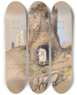 Triptych art skateboard deck of Clarkson Stanfield Ruined Gateway Dover Castle by Clarkson Stanfield (1793-1867)