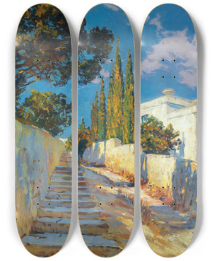 Triptych art skateboard deck of Constantin Westchiloff Afternoon Sun Crimea by Constantin Westchiloff (1877-1945)