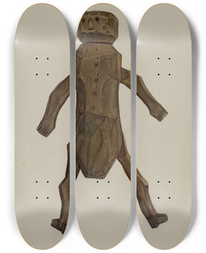 Triptych art skateboard deck of Elmer R Kottcamp Carved Wooden Doll by Elmer R Kottcamp