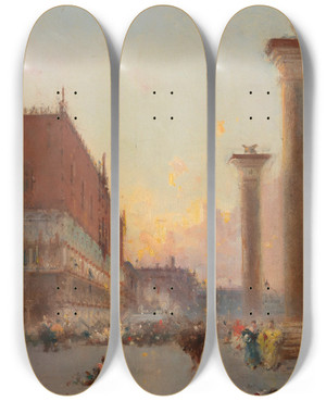 Triptych art skateboard deck of Henri Duvieux Venice A View Of The Palazzo Ducale And St Marks Column by Henri Duvieux (1855-1882)