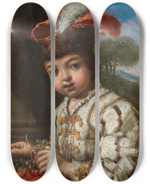 Triptych art skateboard deck of Antonio Mercurio Amorosi A Boy Halflength Holding Grapes A Landscape Beyond by Antonio Mercurio Amorosi (1660-1738)
