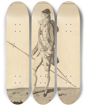 Triptych art skateboard deck of Mary Darly The Parade Macaroni by Mary Darly (1756-1779)