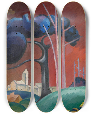 Triptych art skateboard deck of Viking Eggeling Landscape With Factory By Lake Ii by Viking Eggeling (1880-1925)